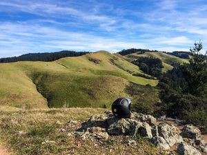Motorcycle helmet in California USA Marin hills during a motorcycle tour with Native Moto Adventures, outside San Francisco