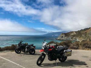 Triumph Tiger 800 and Yamaha MT07 in Big Sur California coast highway 1 or PCH, during a Native motorcycle tour from San Francisco